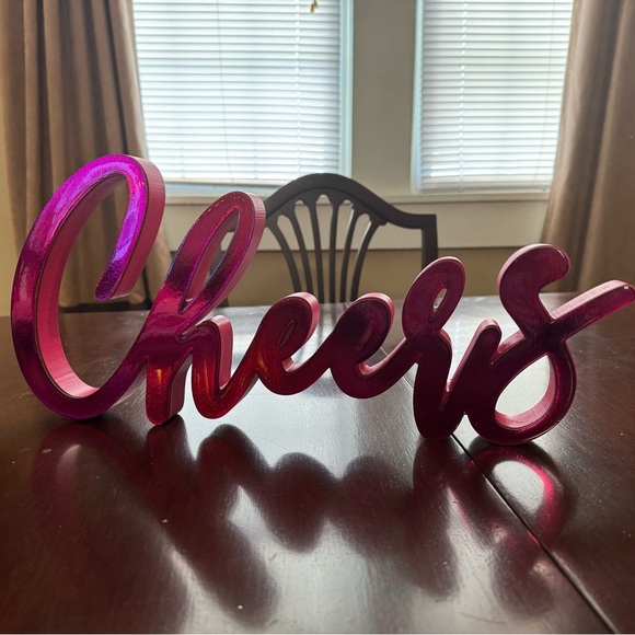 Vibrant Pink 'Cheers' Sign with Purple Tinsel Trees - Picture 2 of 4